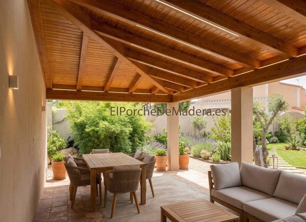 Porche adosado a vivienda con estructura de madera GL24