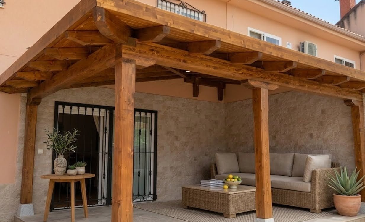 Porche de madera con zona de estar cubierta