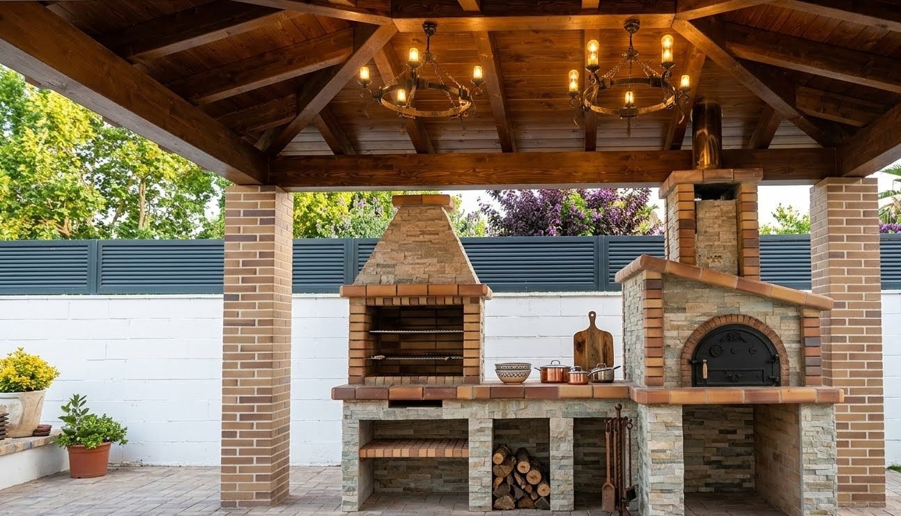 Cenador de madera con zona de barbacoa