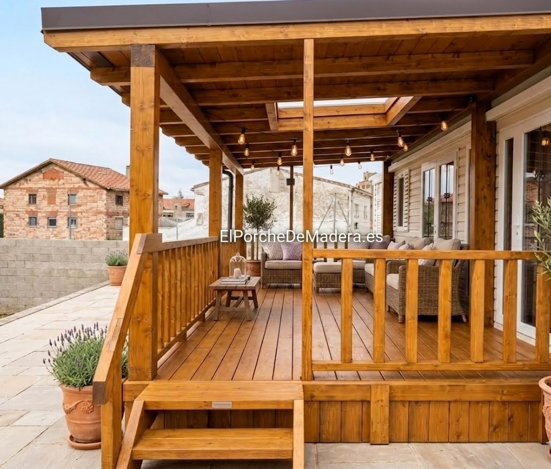 Deck de madera cubierto con iluminación integrada