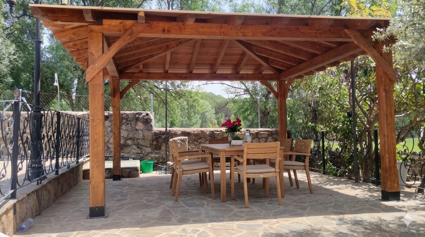 Pérgola independiente de madera con zona de comedor exterior